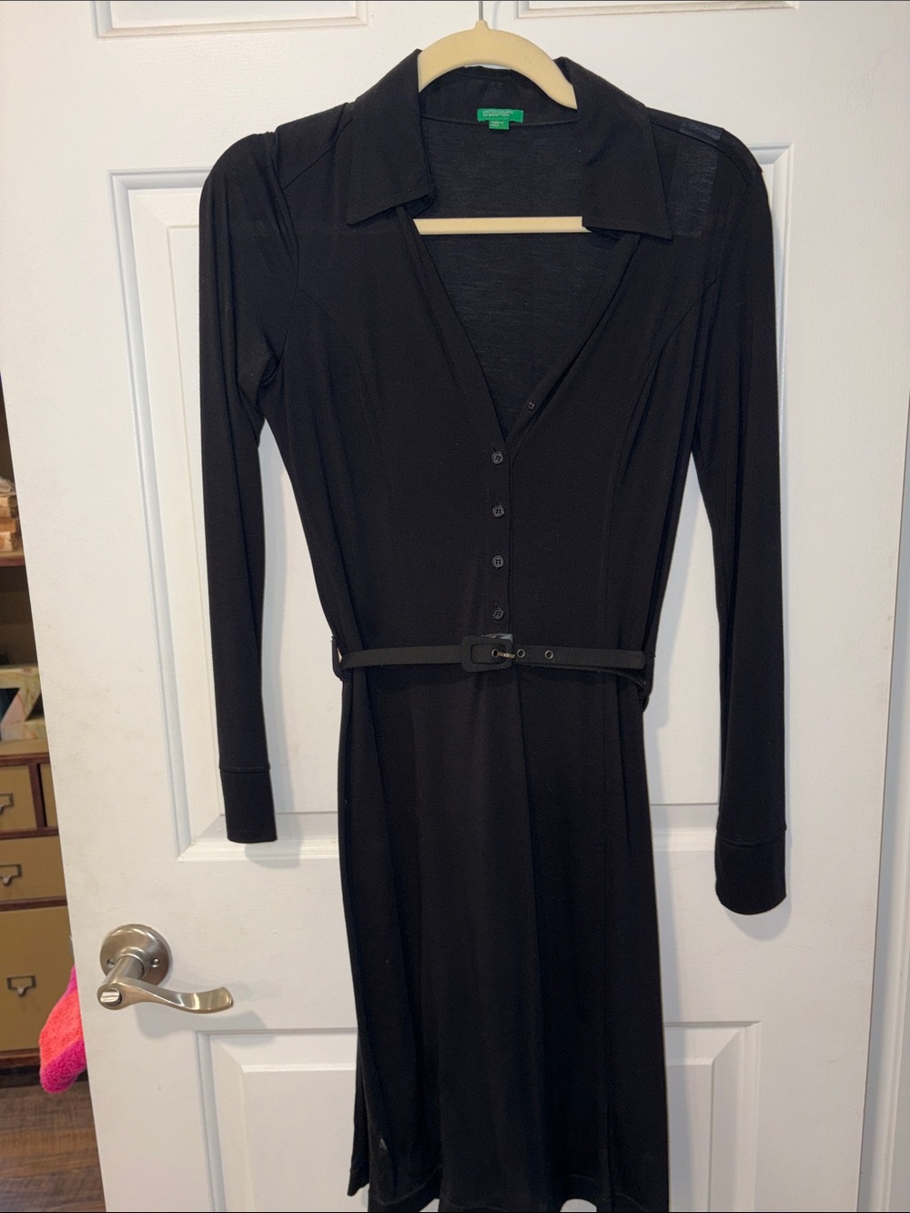 Benetton Black Long Sleeve Button-Front Dress with Belt